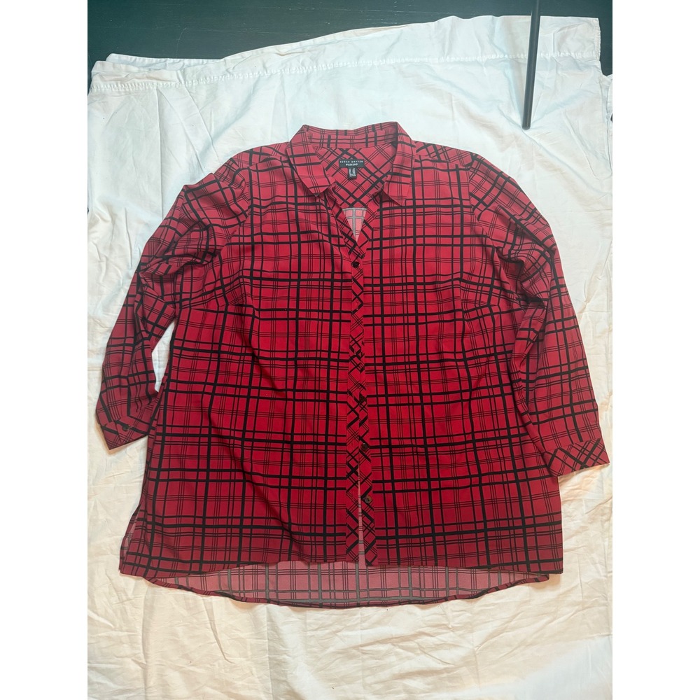 Susan‎ Graver Weekend Red Black Plaid Button Down Shirt Women Plus Size 2X